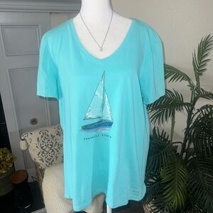 Life Is Good Aqua V-Neck Sailboat Graphic Tee